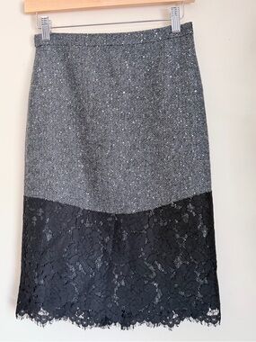 J. Crew Gray Tweed Pencil Skirt with Black Lace Panel